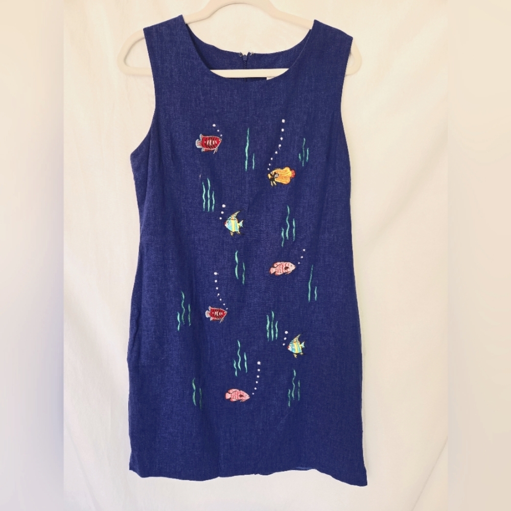 Ultra Dress NY  Blue Fish Embroidered Spring Vintage Dress Size 12